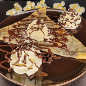 crepe mikado chocolat glace vanille chantilly copeaux